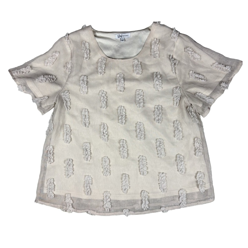 Lucy Avenue PST6985-B Textured Short Sleeve Tufted Blouse L Beige